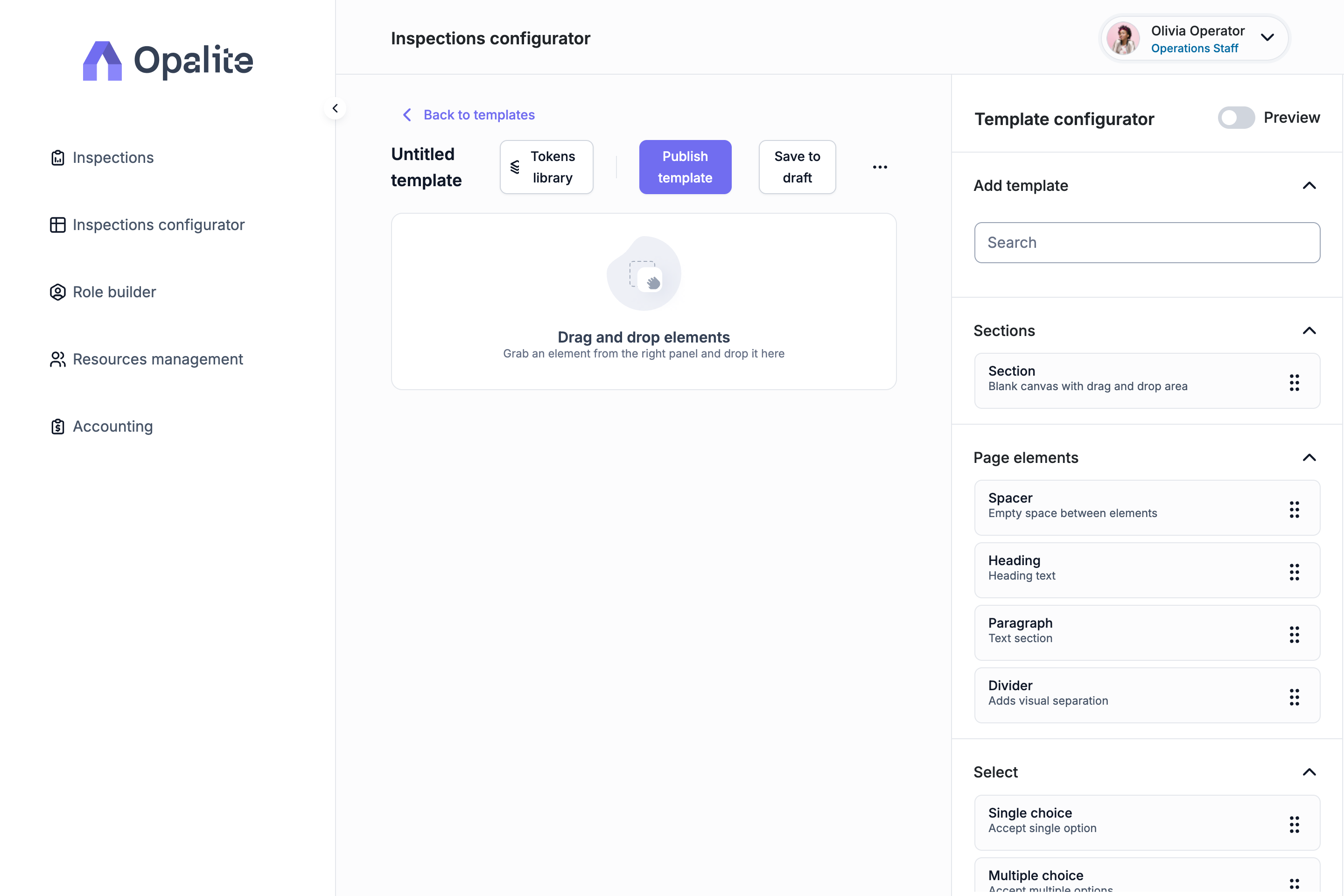 Opalite web back-office: drag-and-drop no-code inspection form builder